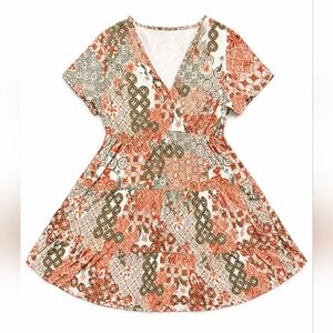 Boho Floral Patchwork Babydoll Dress – Cottagecore V-Neck Peplum Dress, Bohemian